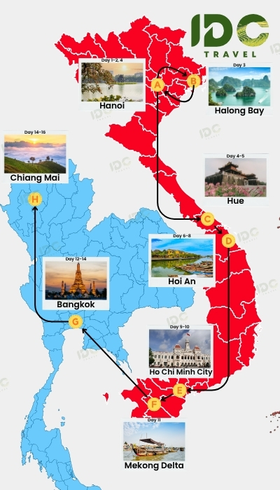 Map of a 16-day Vietnam and Thailand itinerary covering Hanoi, Halong Bay, Hue, Hoi An, Ho Chi Minh City, the Mekong Delta, Bangkok and Chiang Mai.