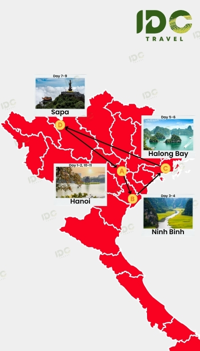 Map of a 10-day Northern Vietnam itinerary covering Hanoi, Ninh Binh, Halong Bay and Sapa. 
