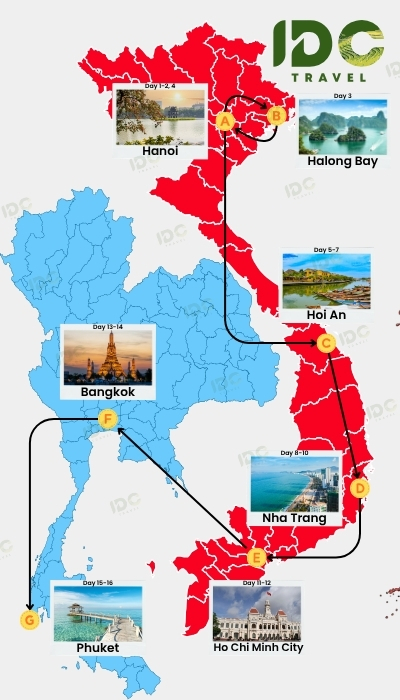 Map of a 16-day Vietnam and Thailand beach tour through Hanoi, Halong Bay, Hoi An, Nha Trang, Ho Chi Minh City, Bangkok and Phuket.