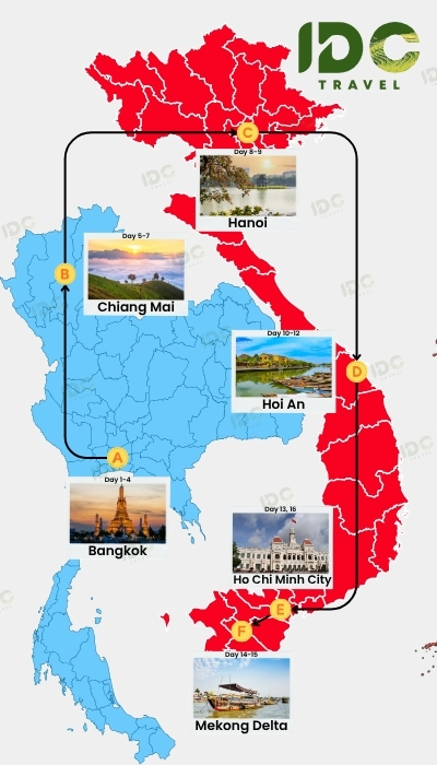 Map of a 16-day Vietnam and Thailand food tour connecting Bangkok, Chiang Mai, Hanoi, Hoi An, Ho Chi Minh City and the Mekong Delta.