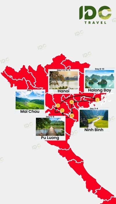 Map of an 11-day Northern Vietnam itinerary covering Hanoi, Ninh Binh, Pu Luong, Mai Chau and Halong Bay. 