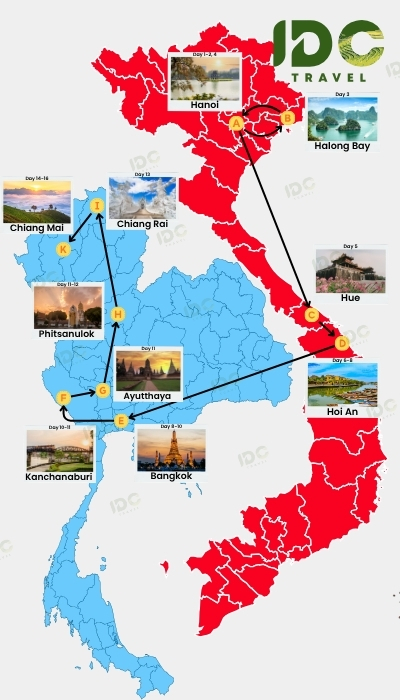 Map of a 16-day luxury Vietnam and Thailand itinerary covering Hanoi, Halong Bay, Hue, Hoi An, Bangkok, Ayutthaya, Kanchanaburi, Phitsanulok, Chiang Rai and Chiang Mai.