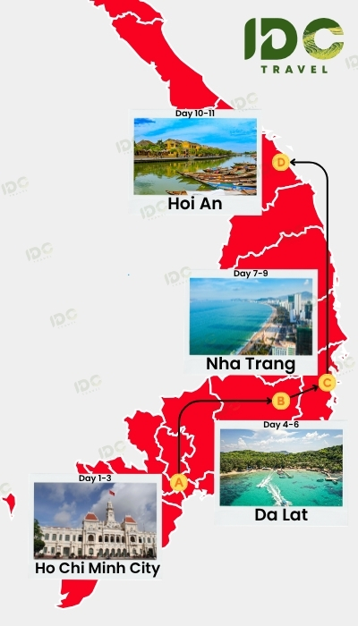 Map of an 11-day Southern and Central Vietnam itinerary through Ho Chi Minh City, Da Lat, Nha Trang and Hoi An. 