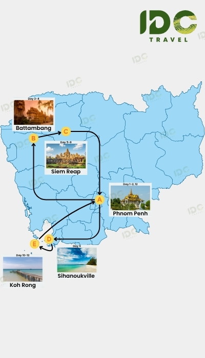 Map of a 12 day Cambodia itinerary route showing Phnom Penh, Battambang, Siem Reap, Sihanoukville, and Koh Rong with day-by-day travel path.