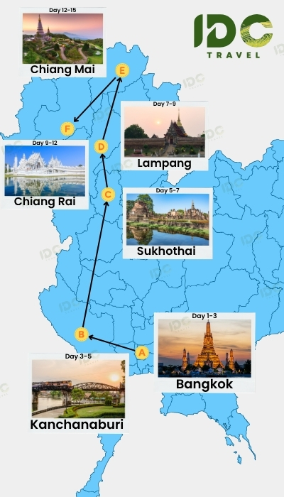 Map of a 15 day Thailand itinerary route showing Bangkok, Kanchanaburi, Sukhothai, Lampang, Chiang Rai, and Chiang Mai with day-by-day travel path.