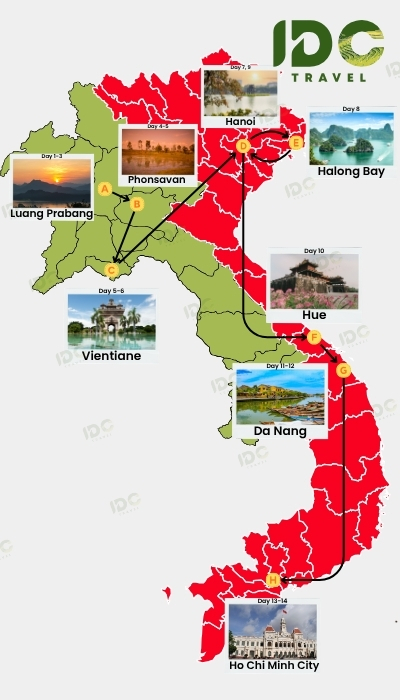 Map of a 15-day Vietnam and Laos itinerary covering Luang Prabang, Phonsavan, Vientiane, Hanoi, Halong Bay, Hue, Da Nang and Ho Chi Minh City. 
