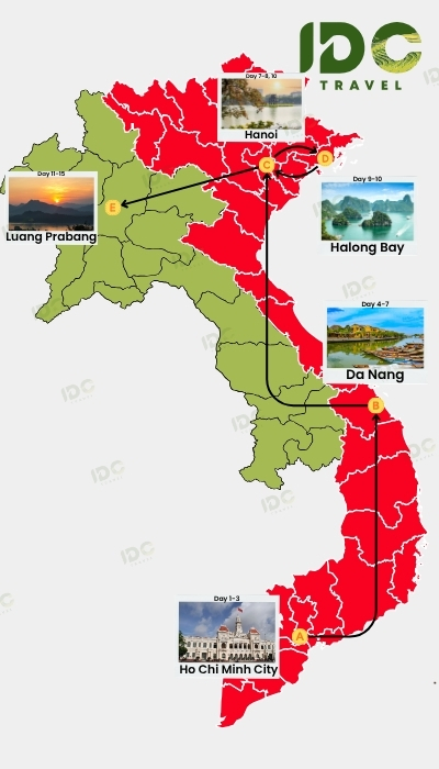 Map of a 15-day Vietnam and Laos tour through Ho Chi Minh City, Da Nang, Hanoi, Halong Bay and Luang Prabang. 