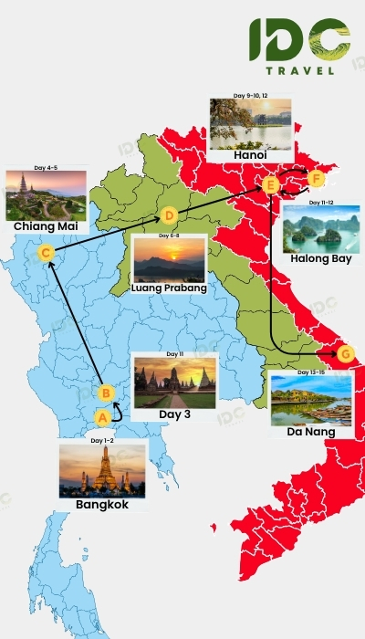 Map of a 15-day Thailand, Laos and Vietnam heritage tour connecting Bangkok, Ayutthaya, Chiang Mai, Luang Prabang, Hanoi, Halong Bay and Da Nang. 
