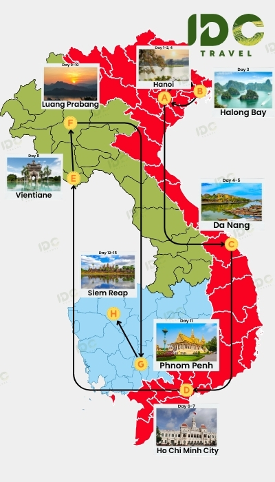 Map of a 15-day Vietnam, Laos and Cambodia tour covering Hanoi, Halong Bay, Da Nang, Ho Chi Minh City, Phnom Penh, Siem Reap, Vientiane and Luang Prabang. 