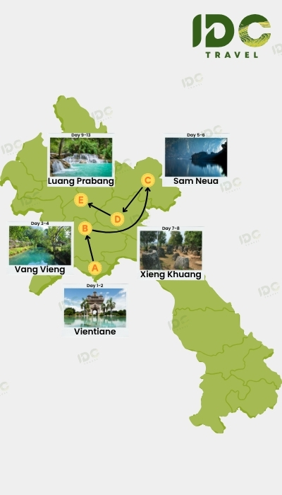 Map of a 13-day classic Laos tour route covering Vientiane, Vang Vieng, Luang Prabang, Xieng Khuang and Sam Neua. 