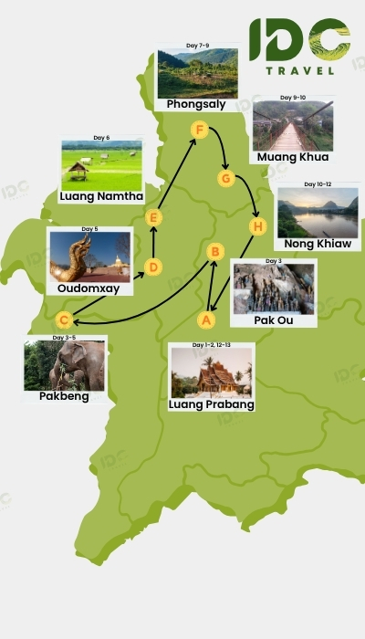 Map of a 13-day Northern Laos trekking itinerary through Luang Prabang, Pak Ou, Pakbeng, Oudomxay, Luang Namtha, Phongsaly, Muang Khua and Nong Khiaw. 