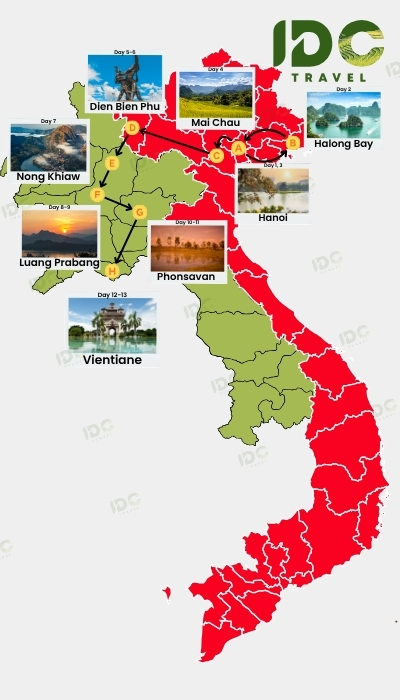 Map of a 13-day Vietnam and Laos adventure tour connecting Hanoi, Halong Bay, Mai Chau, Dien Bien Phu, Nong Khiaw, Luang Prabang, Vang Vieng, Vientiane and Phonsavan. 