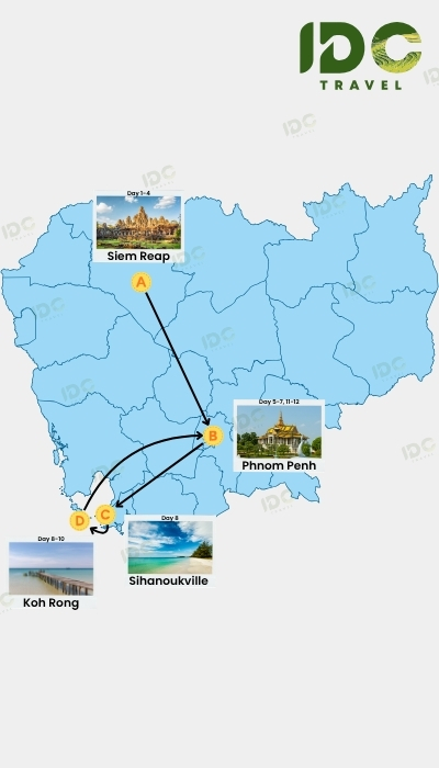 Map of a 12 day Cambodia itinerary route showing Siem Reap, Phnom Penh, Sihanoukville, and Koh Rong with day-by-day travel path.