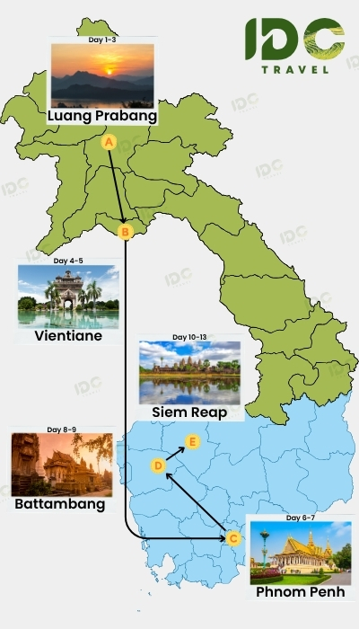 Map of a 13-day Laos and Cambodia heritage tour from Luang Prabang and Vientiane to Phnom Penh, Battambang and Siem Reap. 