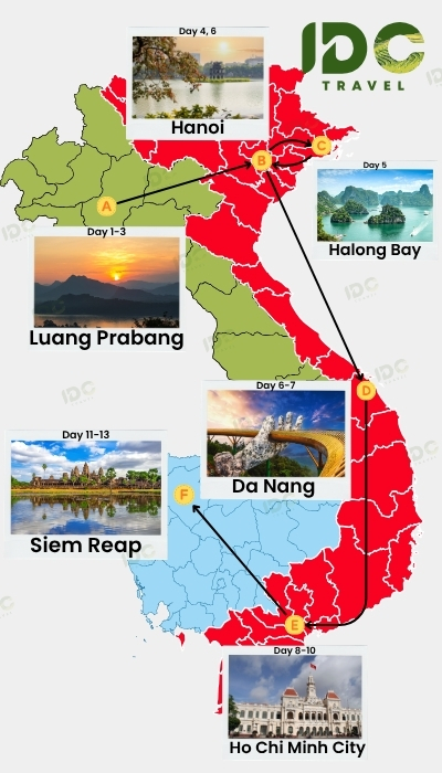 Map of a 13-day Southeast Asia itinerary through Luang Prabang, Hanoi, Halong Bay, Da Nang, Ho Chi Minh City and Siem Reap. 