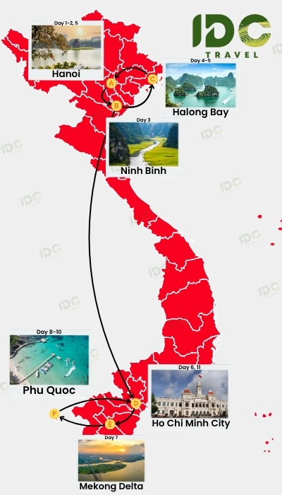 Map of an 11-day Vietnam itinerary through Hanoi, Ninh Binh, Halong Bay, Ho Chi Minh City, the Mekong Delta and Phu Quoc. 