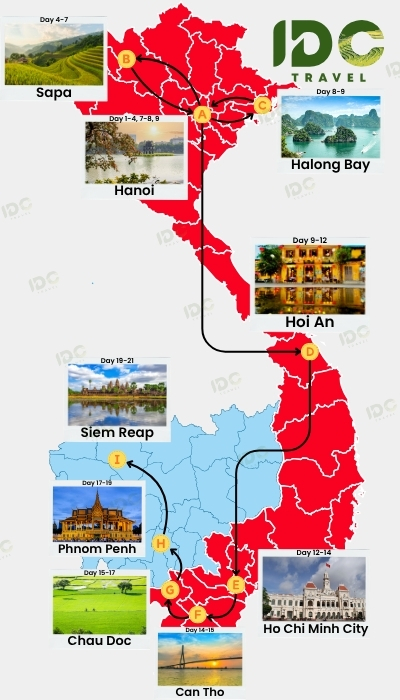 Map of a 21 day Vietnam and Cambodia itinerary route showing Sapa, Hanoi, Halong Bay, Hoi An, Ho Chi Minh City, Can Tho, Chau Doc, Phnom Penh, and Siem Reap with day-by-day travel path.