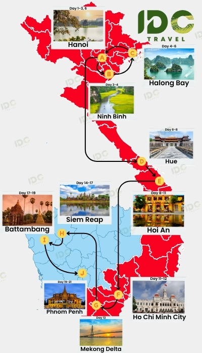 Map of a 21 day Vietnam and Cambodia itinerary route showing Hanoi, Halong Bay, Ninh Binh, Hue, Hoi An, Ho Chi Minh City, Mekong Delta, Battambang, Phnom Penh, and Siem Reap with day-by-day travel path.