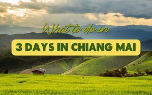 A travel graphic featuring the text "What to do in 3 DAYS IN CHIANG MAI" overlaid on a scenic photograph of green terraced rice paddies and rolling mountains at sunrise or sunset.