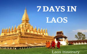 Travel guide cover titled “7 Days in Laos” featuring Pha That Luang and monks walking in Vientiane.