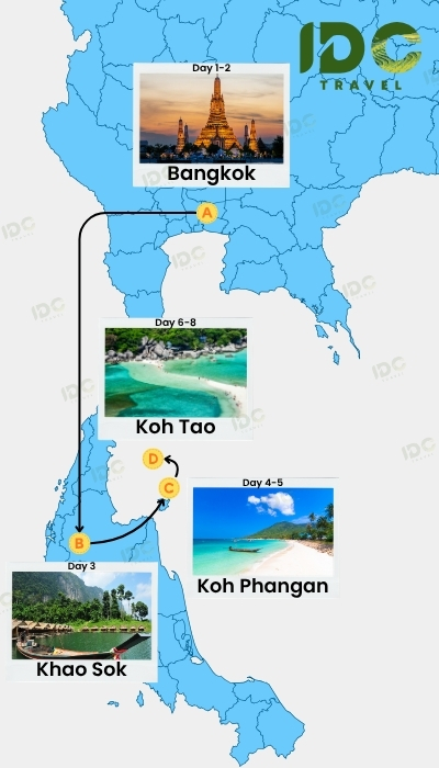 Map of an 8-day Southern Thailand adventure itinerary from Bangkok to Khao Sok, Koh Phangan and Koh Tao. 