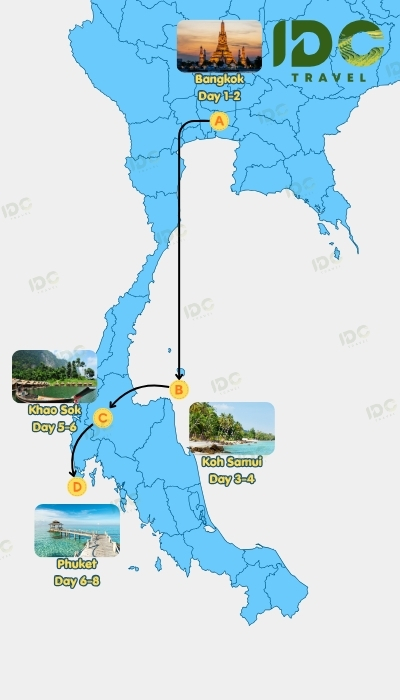 Map of an 8-day Southern Thailand itinerary covering Bangkok, Koh Samui, Khao Sok and Phuket. 