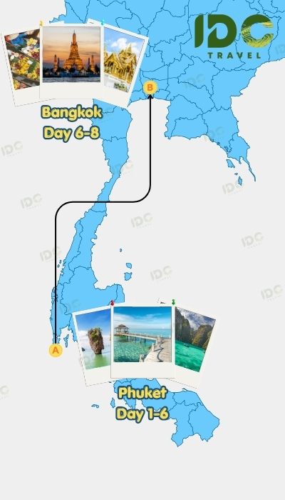 Map of an 8-day Thailand tour connecting Phuket and Bangkok, featuring tropical beaches, islands, temples and city highlights. 