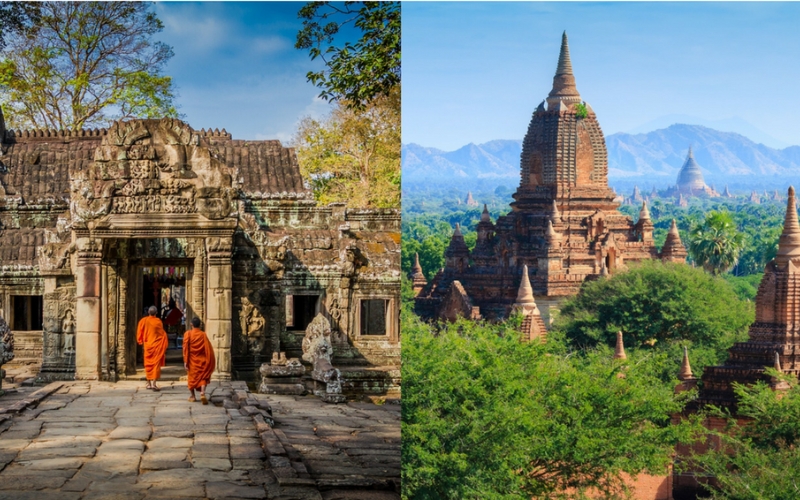 A panoramic comparison of Angkor Wat’s lotus-bud towers in Cambodia and the vast temple plain of Bagan in Myanmar, showcasing the grandeur and unique character of these two UNESCO World Heritage sites.
