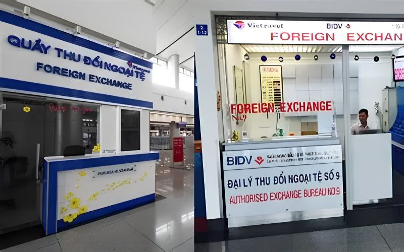 Foreign exchange counters at a Vietnamese airport with signage for currency exchange services.