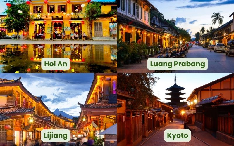 Collage comparing Hoi An, Luang Prabang, Lijiang, and Kyoto, featuring lantern-lit streets and traditional architecture in the evening.