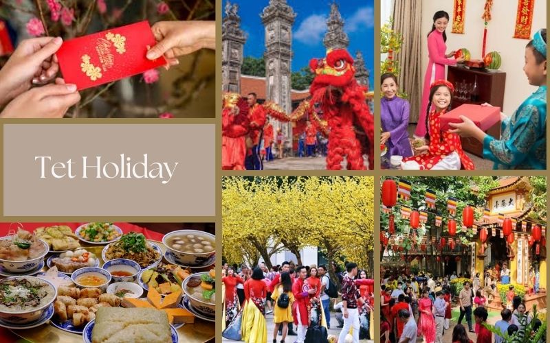 traditional Vietnamese Tet holiday activities including family gatherings, lion dances, and festive meals.