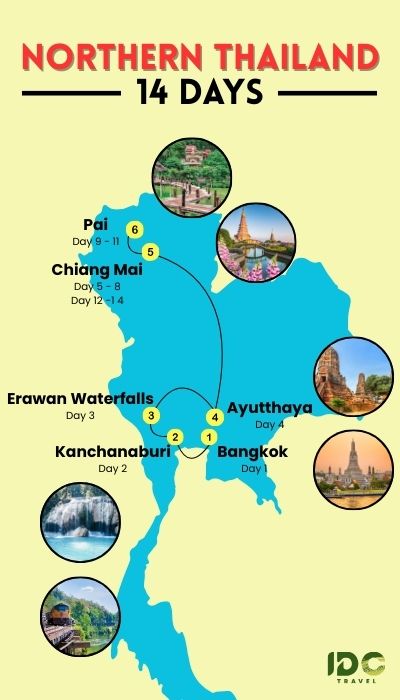 14-day Northern Thailand travel itinerary map, travelling through Bangkok, Kanchanaburi, Erawan Waterfalls, Ayutthaya, Chiang Mai, and Pai