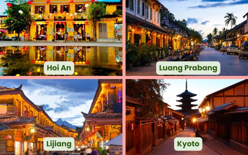 Comparison of historic towns in Asia featuring Hoi An, Luang Prabang, Lijiang, and Kyoto, shown with traditional streets and evening lights.