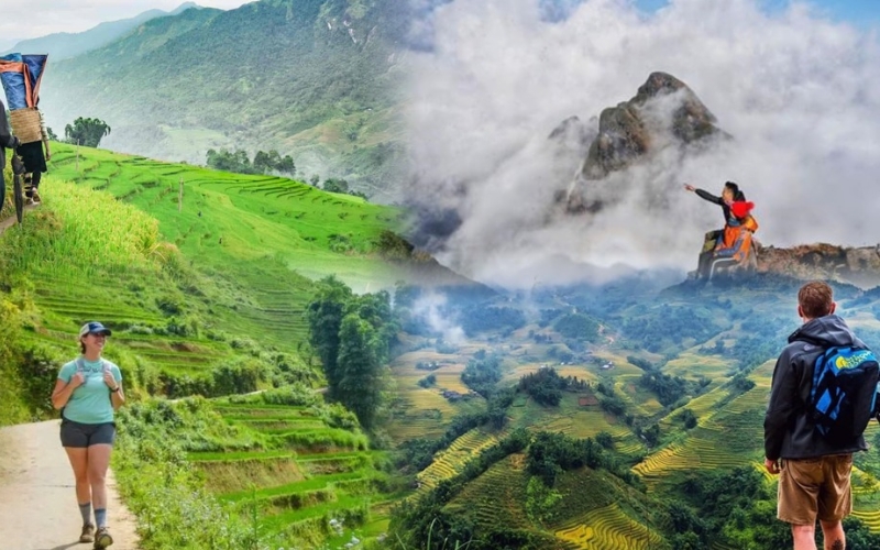 Hikers trekking through Sapa’s terraced hills and misty mountain landscapes in northern Vietnam.