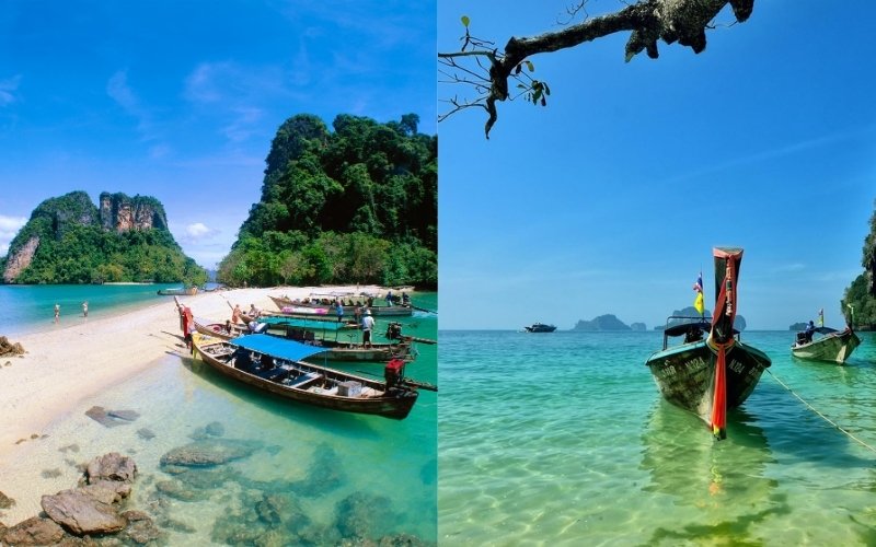 A split image showing two beautiful scenes from Krabi, Thailand. The left side features a long, sandy beach with crystal-clear turquoise water and several longtail boats docked near the shore, backed by the iconic tall, jungle-covered limestone karsts of Railay Beach. The right side shows a close-up of a longtail boat floating on shallow, clear green water under a bright blue sky, with a branch hanging over the frame.