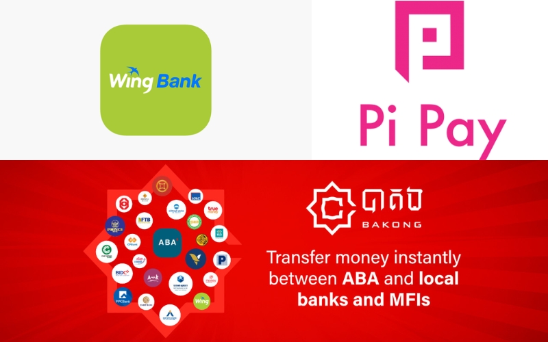 Logos of 3 popular digital payment services in Cambodia, including Wing Bank, Pi Pay, and the Bakong system.