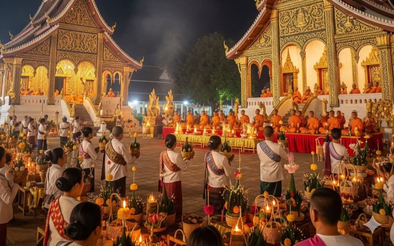 Buddhist monks sitting in a line at an outdoor night ceremony in Laos, while devotees in traditional dress hold floral offerings (Mak Beng) in front of illuminated golden temples during Boun Khao Salak.