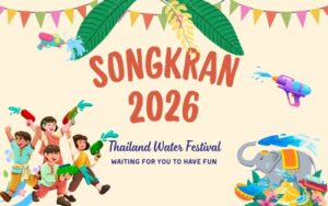 Songkran 2026 Thailand Water Festival illustration with children playing water guns and elephant