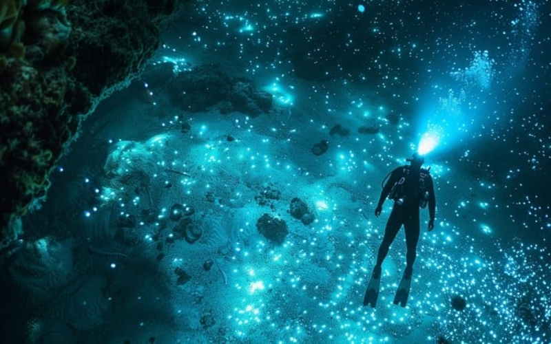 Close-up view of sparkling bioluminescent plankton glowing in the dark waters off Phuket, creating a magical underwater scene.