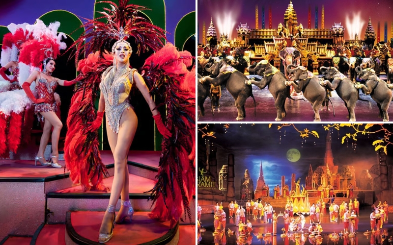 Collage featuring dazzling performers from Simon Cabaret, the colorful cultural extravaganza of Phuket FantaSea, and vibrant stage lights that showcase the island’s famous night shows.