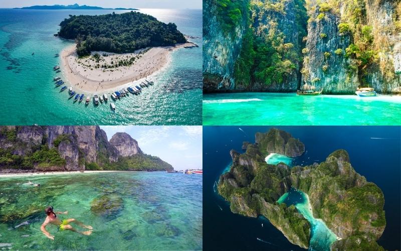 A collage of stunning aerial and coastal views around Phi Phi Islands, including Bamboo Island’s sandy shore with boats, towering limestone cliffs over turquoise water, a snorkeler exploring coral reefs, and the emerald lagoons of Pileh Bay.