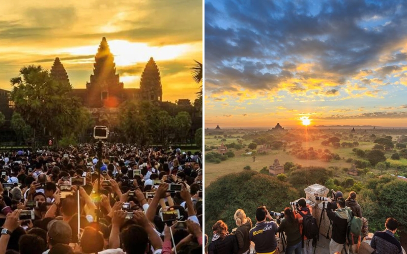 Side-by-side view of Angkor Wat’s bustling courtyard and Bagan’s tranquil temple plain, emphasizing the difference in crowd levels.