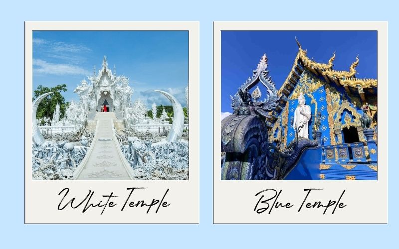 A collage featuring two popular Chiang Rai landmarks: the all-white, ornate Wat Rong Khun (White Temple) and the striking blue and gold Wat Rong Suea Ten (Blue Temple).