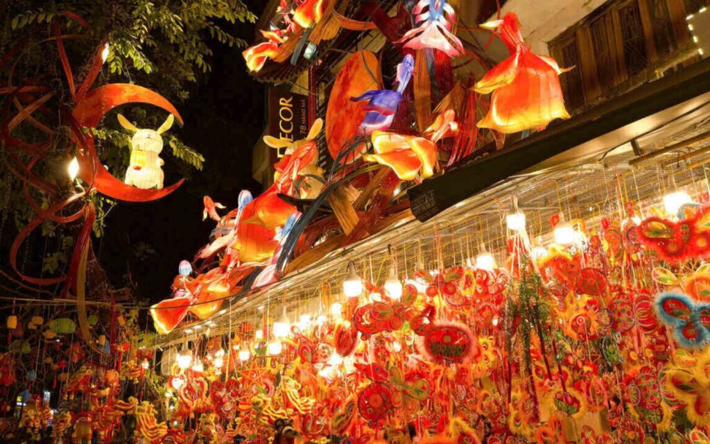 Colorful lanterns and festive decorations fill Hang Ma Street in Hanoi’s Old Quarter during the Mid-autumn Festival 2025.
