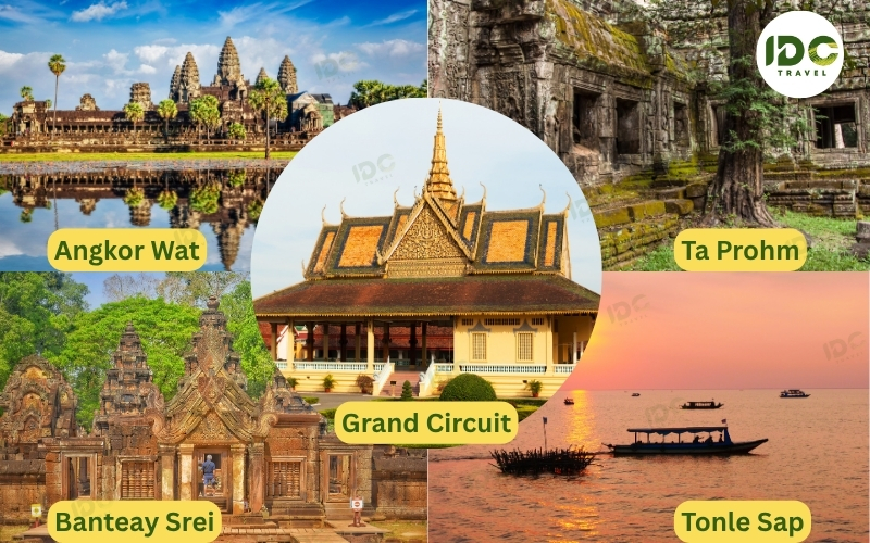 Collage of Cambodia highlights including Angkor Wat, Ta Prohm, Banteay Srei, the Grand Circuit, and Tonle Sap lake at sunset.