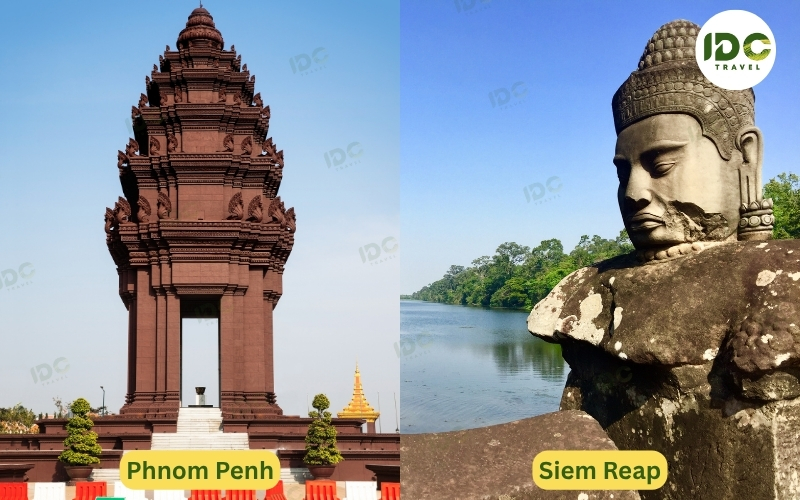 Split image of the Independence Monument in Phnom Penh and a stone Bayon face carving in Siem Reap, Cambodia.