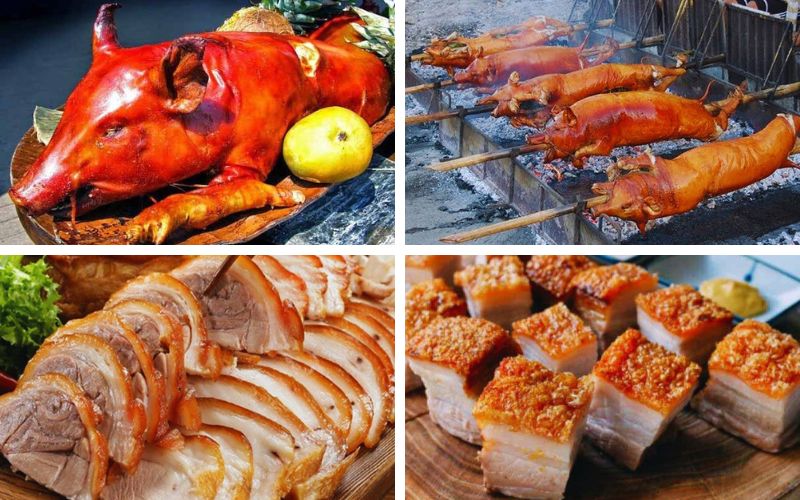 Collage of charcoal-grilled piglet dishes, including whole roasted piglet, pieces grilling over charcoal, and sliced servings with crispy skin