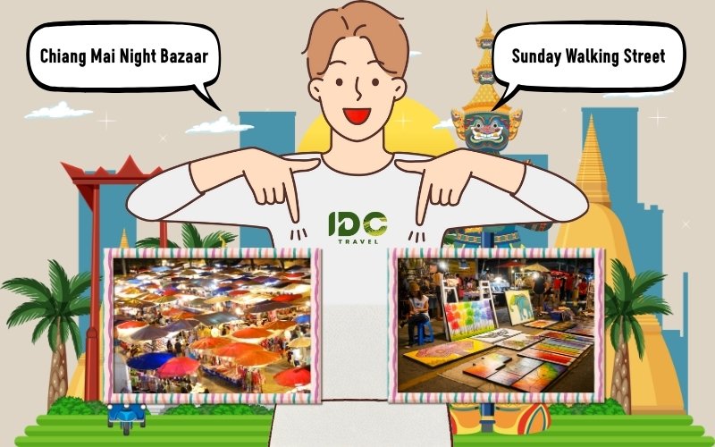 A cartoon-style character wearing an IDC Travel shirt pointing to two photos: one of the vibrant Chiang Mai Night Bazaar and the other of colorful art displays at Sunday Walking Street, with iconic Thai temple elements in the background.