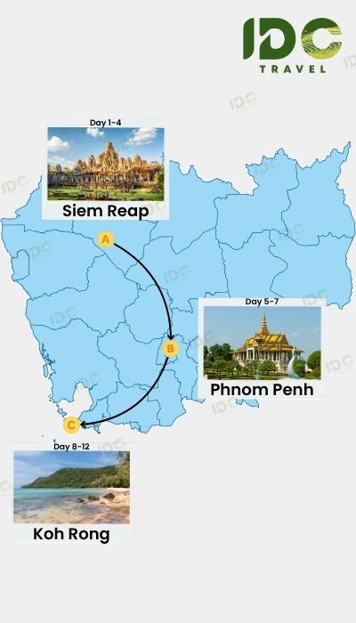 Cambodia itinerary map featuring a 12-day journey from Siem Reap and Phnom Penh to Koh Rong Island, combining ancient temples, cultural attractions, and tropical beach experiences.