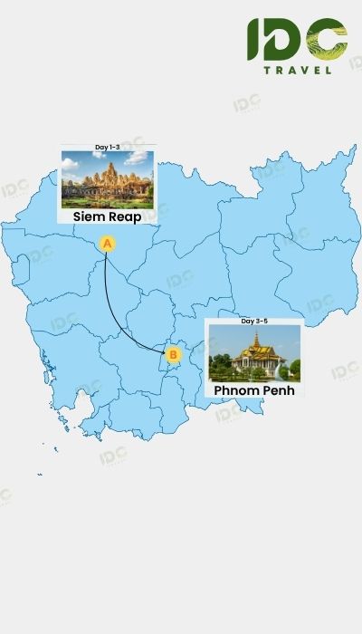 Cambodia travel itinerary map showing a 5-day cultural tour through Siem Reap and Phnom Penh.